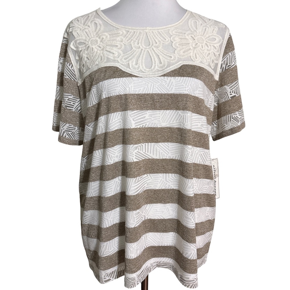 Alfred Dunner Brown White Floral Lace Top